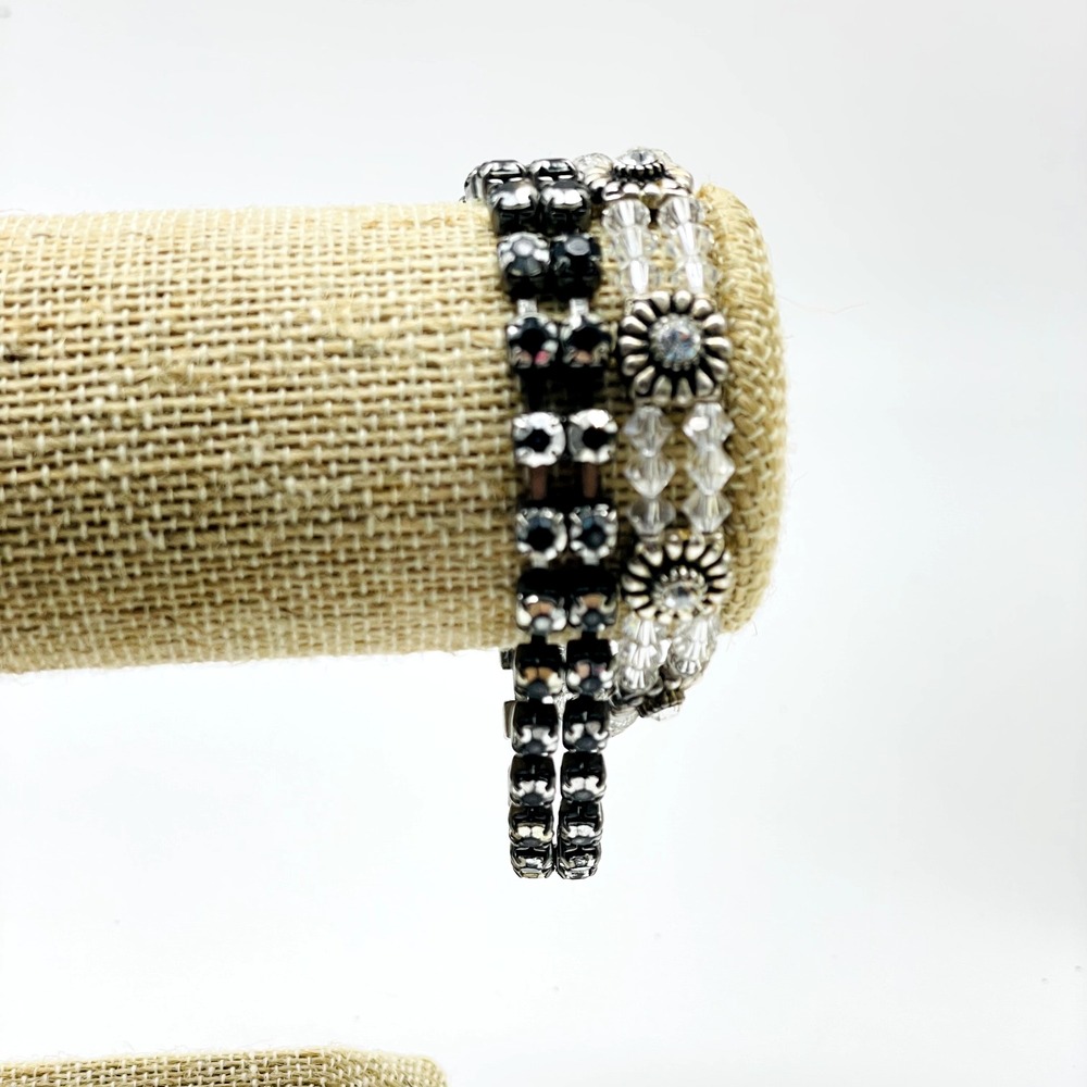 Silver Tone Bracelets Lot of 2 Black Rhinestone and Sunflower Accent